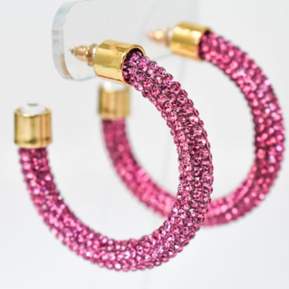 1.75" Boho Fuchsia Pave Rhinestones Hoop Earrings - Picture 6 of 12